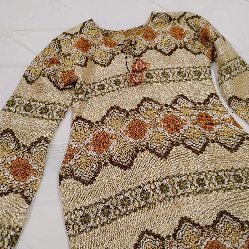 Vintage Handmade Bohemian Tunic Dress with Floral Patterns